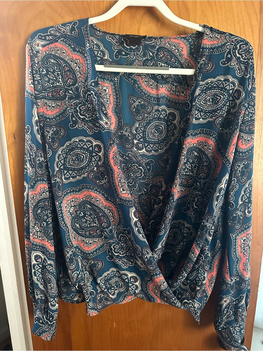 Ann Taylor Teal Paisley Wrap-Style Blouse with Coral Accents